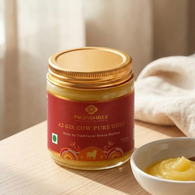 Image of Pujashree A2 Gir Cow Pure Ghee, For Prasad Offering, Traditional Bilona Method, Made from Indigenous Gir Cow Milk, For Daily Healthy Meals, Digestion and Holistic Wellbeing, 120 ml