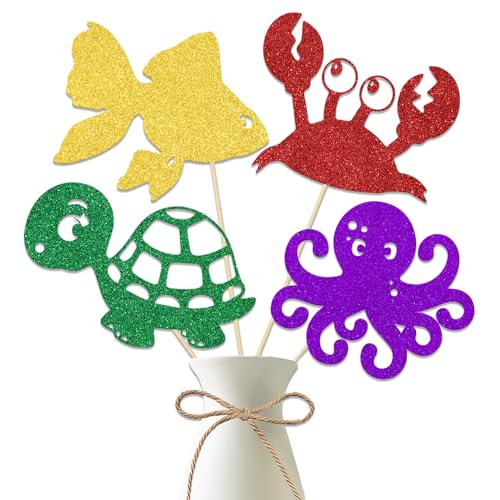 Palitos de centro de mesa de animales marinos del océano, decoraciones de cumpleaños temáticas del océano, bajo el mar, animales marinos, baby shower, suministros de fiesta de boda, rojo dorado, 12