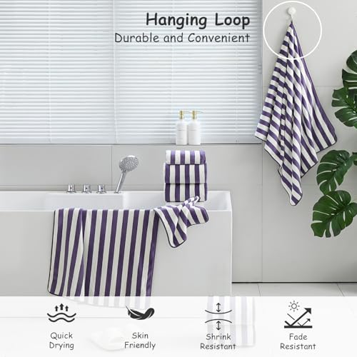 18 Pcs Purple Cabana Stripe Family Towels Set with Hanging Loop-6 Bath Sheets,6 Hand Towels,6 Washcloths Ultra Soft Bathroom Towel Highly Absorbent Quick Dry Shower Towel for Beach Chair,Spa,Gym,Hotel - Thumbnail 4