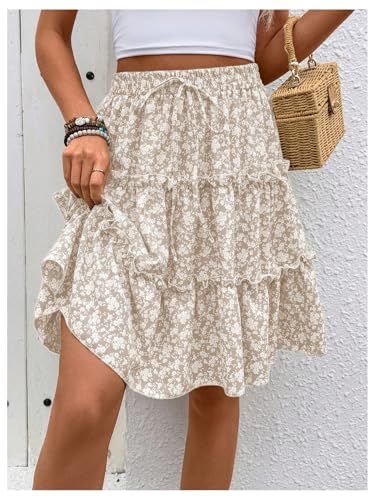 Verdusa Women's Boho Floral Tiered Ruffle Skirts Drawstring Flowy Flared Knee Length Skirt3