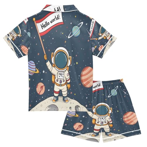 ALAZA Solar System Astronaut Planet Hello World Satin Pajamas Set Short Sleeve Button Down Sleepwear Summer Pjs 2 Piece2