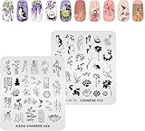 KADS Nail Stamping Plates Stamper Set Chinese Style 2 Stamp Templates + 1 Silicone Stamper (Beauty & Cat)