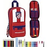 Safta Atlético De Madrid Oficial neceser con 4 estuches incluidos llenos de útiles escolares. Incluye 1 marcador, 12 rotuladores, 12 lápices de colores, 1 regla, 1 lápiz, 3 bolígrafos, 1 sacapuntas, 1 tijera y 1 goma de borrar.