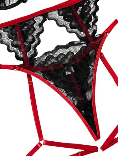 Image of Lilosy Sexy Choker Floral Lace Scallop Sheer Underwire Push Up Garter Belt Lingerie Set 3 Piece