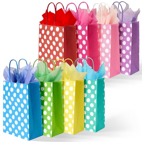 Image of BLEWINDZ 32 Pieces Small Gift Bags with 32 Tissues, 8 Colors Rainbow Party Favor Bags with Handle for Birthday, Wedding and Party Celebrations (Polka Dots)