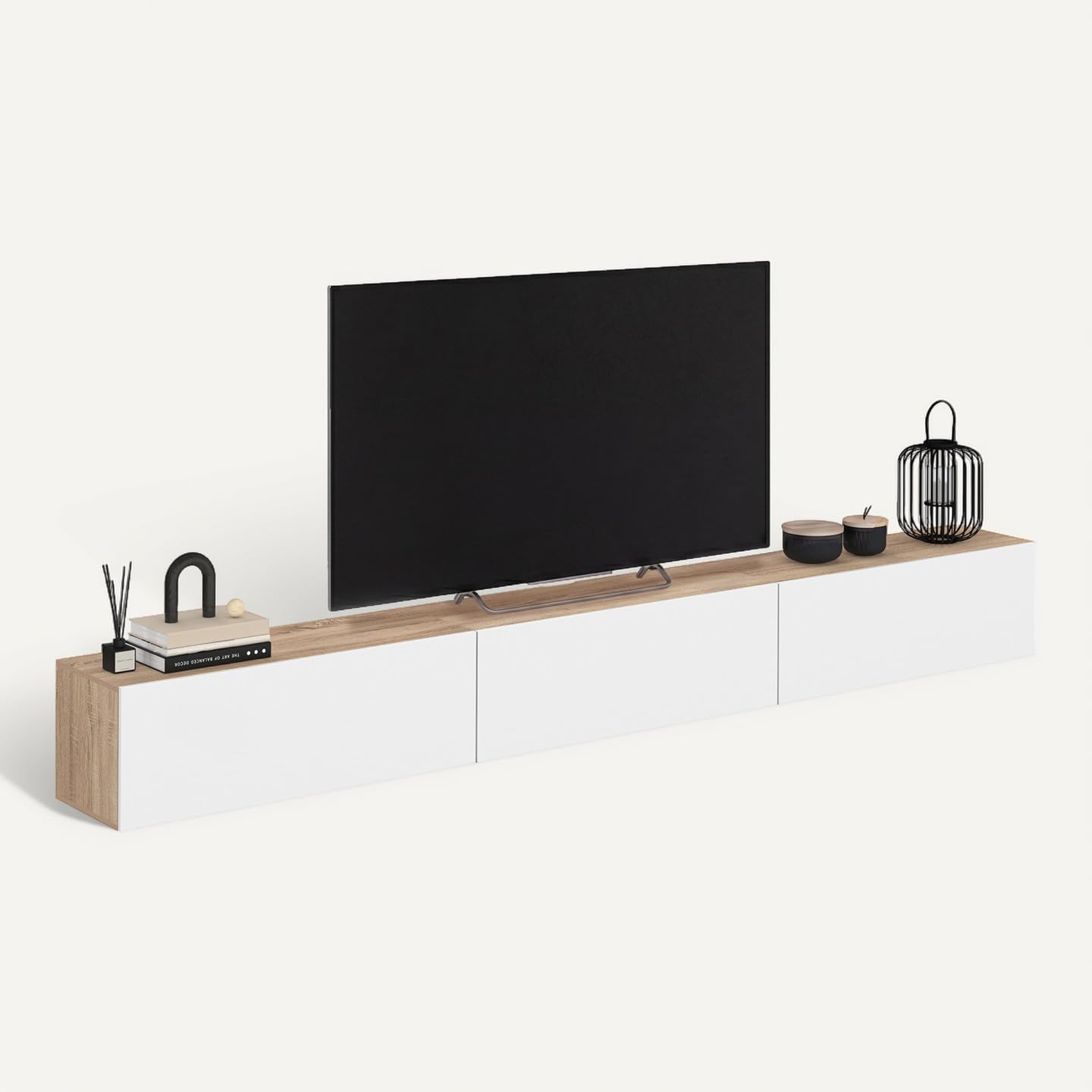 IDMarket - Meuble TV 300 cm Suspendu Elio 3 Portes Bois et Blanc