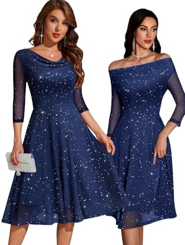 DRESSTELLS Cocktail Dress for Women, Sparkly Cowl Neck 3/4 Sleeve...
