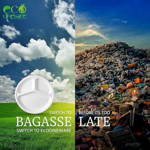 Image of Eco Dineware 11 Inch 4 Compartment 100 Pack Round Biodegradable Bagasse Plates Compostable Disposable Food Plates Dinnerware Recyclable Multiperpose Plate