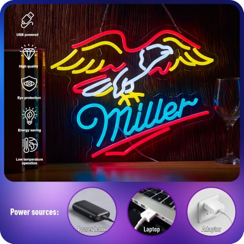Image of Beer Neon Sign Eagle Mille LED Light with Dimmer for Bar Home Decor | Handmade USB Powered Neon Signs with Dimmer Bar Light Up Signs for Pub Home Bar Man Cave Store Party Club Gifts