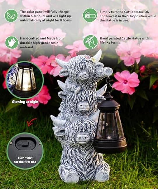 Qeeman Triple Highland Cow Statues for Garden Decor: Outdoor Figurines for Lawn Sculptures Porch Patio Balcony Yard Ornaments - Unique Gifts for Mom Grandma Women(Gray)