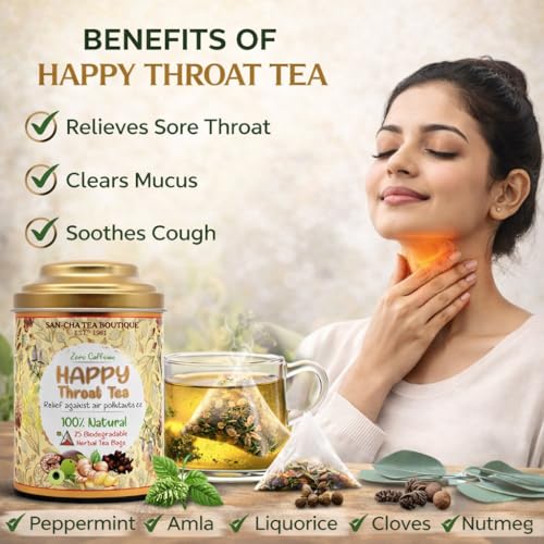 Image of Sancha Tea Boutique, Happy Throat Tea, 25 Pyramid Bags, Caffeine Free Herbal Tisane, Sore Throat Support, Liquourice Blend