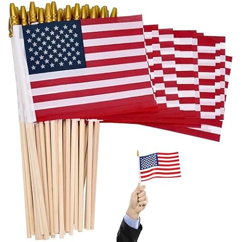 FLAGPOLE DEPARTMENT Durable 12 Pcs Small American Flags on Stick | Mini American Flags on Stick 4x6 Inch | Small US Flag Kid-Safe Spear Top | 4th of July Mini Flags Full Color Tear-Resistant Patriotic Cover