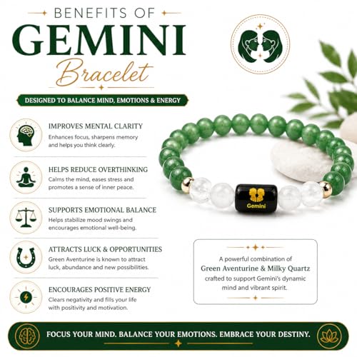 Image of Gemini Zodiac Bracelet (मिथुन राशि) for Men & Women | Green Aventurine & Milky Quartz Crystal Bracelet for Emotional Balance, Focus & Positive Energy | Astrology Healing Bracelet Gift