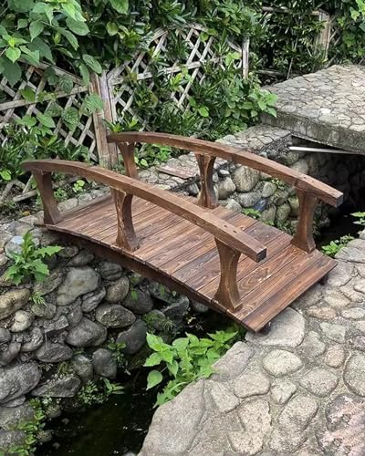 Wooden Garden Bridge with Side Rails - Curved Outdoor Footpath Decor for Yard, Deck, Patio - Japanese Style Classic Walkway