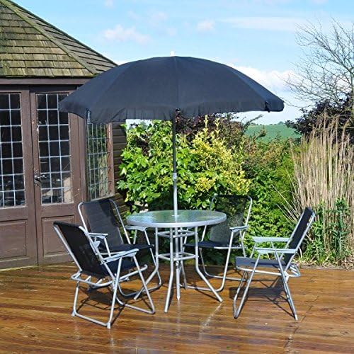 Garden Mile® - Lot de 6 articles de mobilier de jardin extérieur - Ensemble de salle à manger 4 places avec table à plateau en verre, 4 chaises pliantes et parasol - Pour terrasse ou balcon Garden Mile® - Lot de 6 articles de mobilier de jardin extérieur - Ensemble de salle à manger 4 places avec table à plateau en verre, 4 chaises pliantes et parasol - Pour terrasse ou balcon