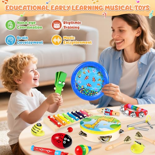 Jojoin Toddler Musical Instruments - 24PCS Baby Musical Instrument - Kids Wooden Percussion Musical Instruments Toys with Tambourine Xylophone - Musical Sensory Instruments Toys for 3 4 5 Year Old - Image 3