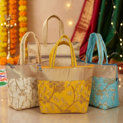 Image of Habba Embroidery Design Hand Bag for Women, Padded Handles, Zip Closure, Compact Ethnic Festive Wedding, Mehendi, Haldi Kumkum, Tamboolam, Shagun, Return Gift Bag for Guests, Pack of 5