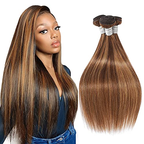 daji hair Straight Wave Ombre Human 3 Bundles P4/27 Two Tone Brazilian Virgin Extensions Double Weft Highlight 100G/Pcs Light Brown Mixed Blonde Weave (22 24 26Inch)