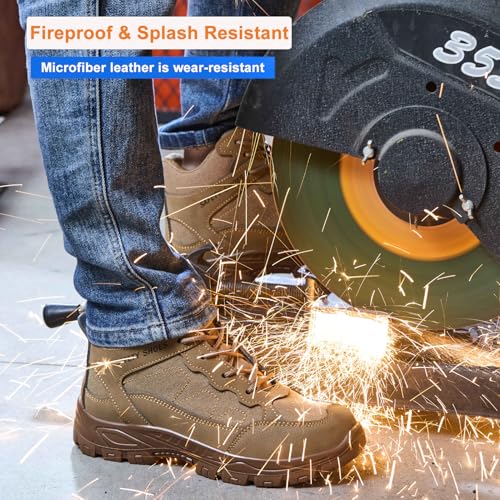 Steel Toe Work Boots for Men, High Top Composite Toe Safety Boots, Ultra-fiber & Canvas Upper, Lace-up, Indestructible Construction Industrial Safety Shoes Brown3