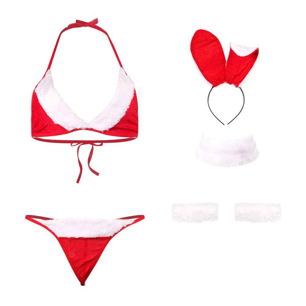 QHQQXN Świąteczny strój cosplay Urocza kokarda Biustonosz i zestaw majtek Aksamitna czerwona bielizna Mikołaja Wiązana na szyi Top na ramiączkach Bielizna Teddy Bielizna nocna Bikini na walentynkową