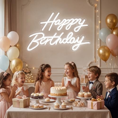 Happy Birthday Neon Sign for Wall Decor, LED Happy Birthday Light Up Sign, Dimmable LED Birthday Neon Light for Birthday Party Decorations Backdrop, White - Thumbnail 2