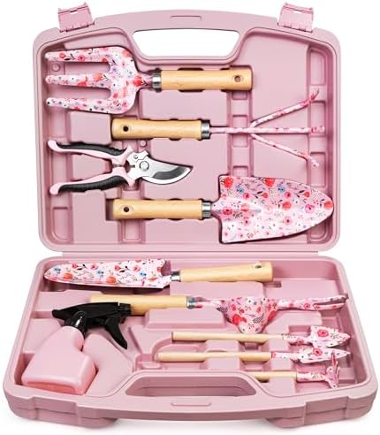 Grenebo 12-Piece Womens Gardening Tools Gift Set, Rust-Proof & Heavy-Duty Garden Tools with Durable Carrying Case, Fashionable & Thoughtful Gardening Gifts for Women&Men (Pink)
