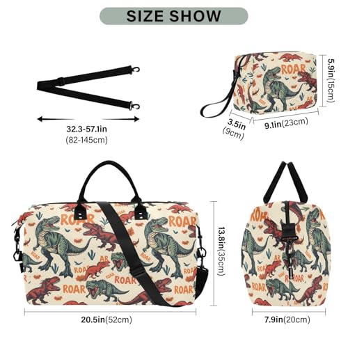 Cartoon Dinosaur Yellow Large Travel Duffle Bag Weekender Overnight Bags Gym Yoga Bag for Women Men with Toiletry Bag3