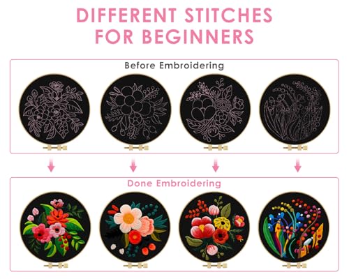 Image of TINDTOP 4 Pack Embroidery Kit for Adult, Embroidery DIY Starter Kit, with Stamped Patterns, Hoop, Tools, Colorful Threads with Needles, Instructions | with Stamped Patterns, Hoop, Tools, Colorful Threads with Needles, Instructions