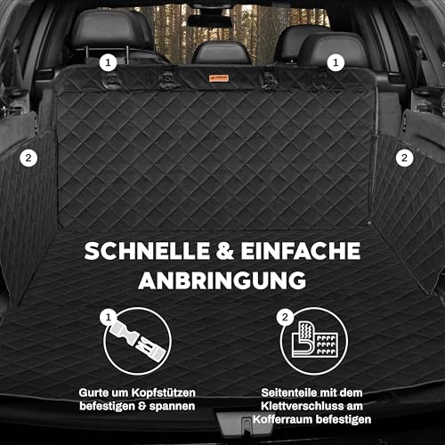 Hainberger Kofferraumschutz Hund gesteppt mit Seiten- und Ladekantenschutz Hundedecke Auto Kofferraum Wasserdicht und Kratzfest, Universal Kofferraum Schutzmatte für Hunde 174 x190cm (Schwarz)