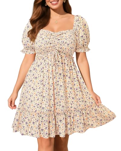 Image of Pinup Fashion Plus Size Summer Dresses-2026 Casual Puff Sleeve Sweetheart Neckline Smocked Short Babydoll Dress