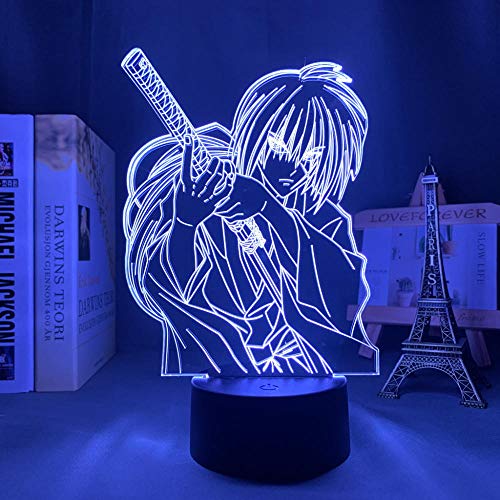 3D Illusion Light Anime Rurouni Kenshin Himura Figura Lámpara Lámpara Dormitorio Decoración Nightlight Manga LED Luz Noche Regalo Cumpleaños-16 color con control remoto Cover