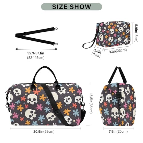 Bolaz Duffle Bag for Travel-Skulls and Flower，Weekender Overnight Bag with Wet Pocket for Women，Large Carry On Airport Bag with Toiletry Bag3