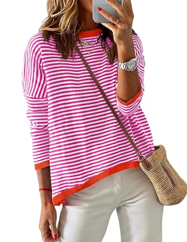Chicrise Bluse Damen Rundhals Shirt Langarm Frühling Gestreifter Sweater...