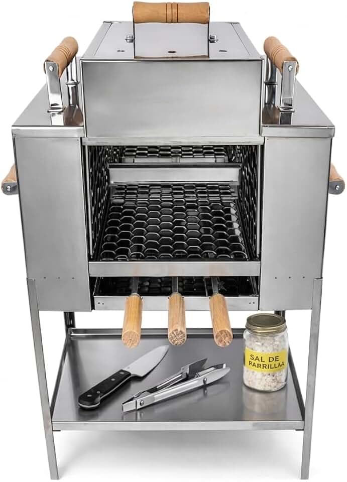 Churrasqueira a Carvão Sem Fumaça em Aço Inox com Tampa a Bafo, 3 Andares, Pé Grande e Bandeja para acessórios – Ideal para Apartamento e Varanda