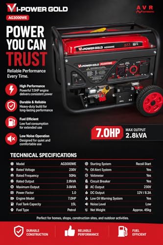 Image of VI POWER GOLD 3 KVA SELF START GENERATOR FOR HOME AND OUTDOOR USE | 3 KW OR 3000 WATT GENSET | PORTABLE PETROL | 1 YEAR WARRANTY