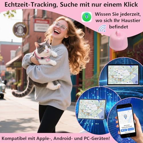 Katze GPS Tracker Hund Kompatibel mit iOS & Android, Weltweite Standortverfolgung, Katzen Halsband GPS Trackers Ohne ABO, Mini Pet Tracker für Katzentracker Katzentracking Peilsenders (Rosa)