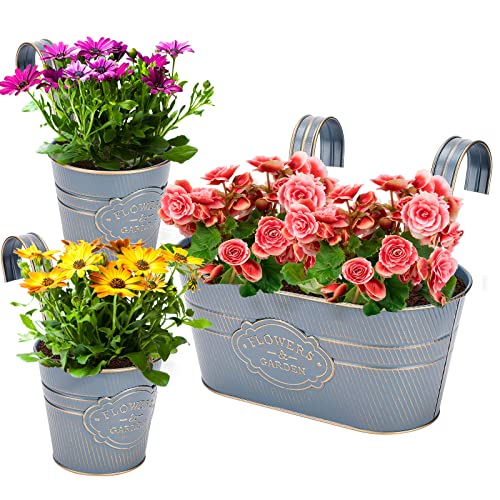 Image of PerGar 3 Pack Metal Railing Planter Box Outdoor, 10.6 inch Hanging Flower Pots with Detachable Hooks & Drainage Holes, Rail Planter Boxes for Balcony Deck Porch Fence Garden Home Decoration, Dark Blue