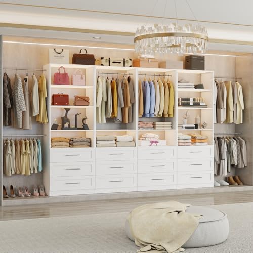 Image of Closet System with 12 Wooden Drawers, 8-21F Closet Organizer System, Walk-in Closet or Small Closet System with Shelves, Modular Closet Systems with 6 Expandable Hanging Rods, 4 Sets, White