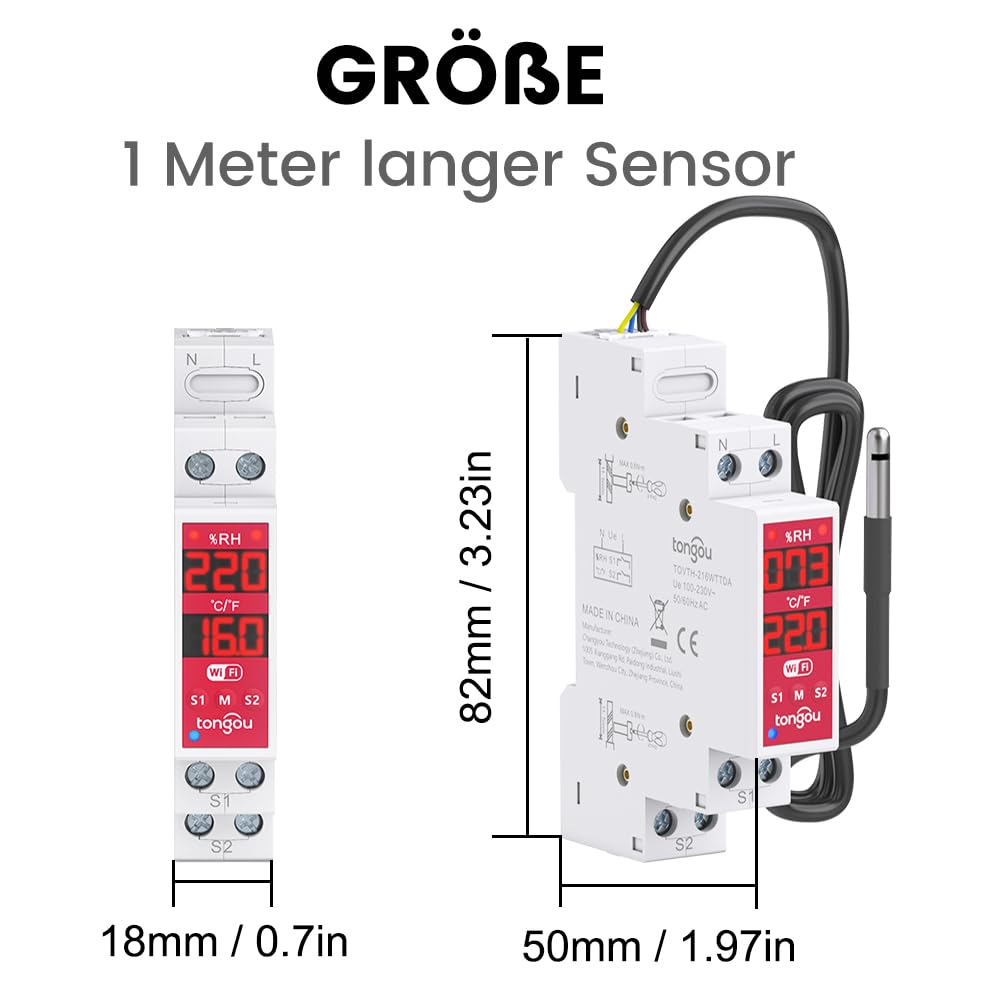 TONGOU Digitales Display Temperatur Hutschiene DIN, Regler Thermostat mit NTC Sondensonde Temperatursensor, Dry Contact Smart Schalter 2-Kanal, TUYA/SMART Life APP