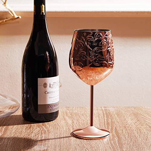 SKY FISH Etched Stainless Steel Wine Glasses With Copper Plated,Set of 2(17oz)