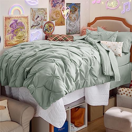 Image of Bedsure Twin Comforter Set Sage Green - Bed in a Bag Twin Size Bedding 5 Pieces, GentleSoft Pintuck Bed Set Gift for Family, All Season Down Alternative Comforter with Sheets, Pillowcase & Sham