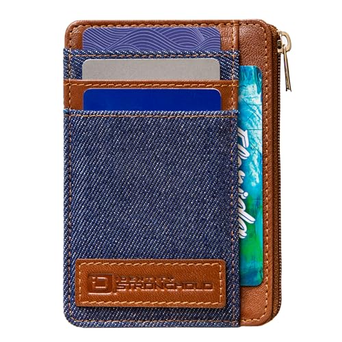 Image of ID Stronghold RFID Blocking Front Pocket Wallet - Slim Minimalist Genuine Leather Wallet with Zipper Coin Pocket (Denim)