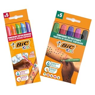 BIC Kids Temporary Tattoo Kit: Markers, Stencils and Stamps with Dermatologically Tested Fragrance-Free Ink - Pack of 5 Markers + 10 Stencils + 5 Stamps