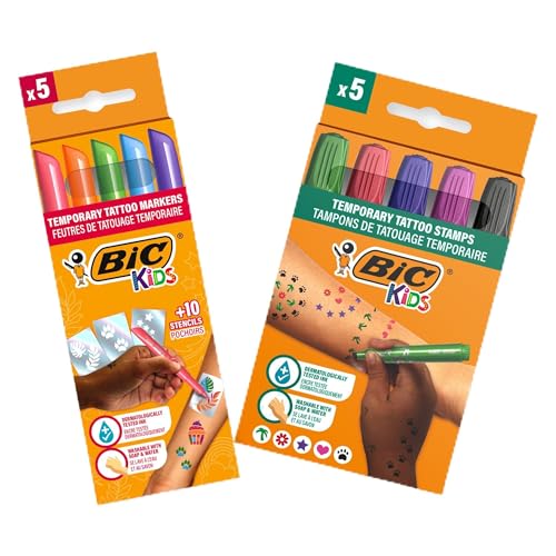 BIC Kids - Kit pour tatouages temporaires : stylos, pochoirs et tampons à encre sans parfum testée sous contrôle dermatologique - Pack de 5 stylos + 10...