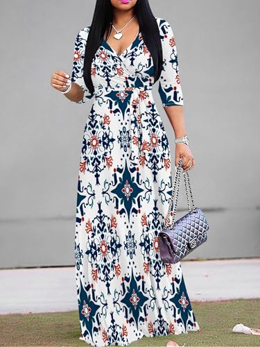 Image of PinkPatty Plus Size Maxi Dress for Women Casual V Neck 3 /4 Sleeve Boho Printed Long Dress with Pockets