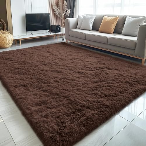 OLANLY 5x7 Machine Washable Large Area Rugs for Living Room, Bedroom, Soft Fluffy Shaggy Bedside Rug, Indoor Floor Carpet for Kids Girls and Boys, Dorms, Nursery, Home Decor Aesthetic, Coffee