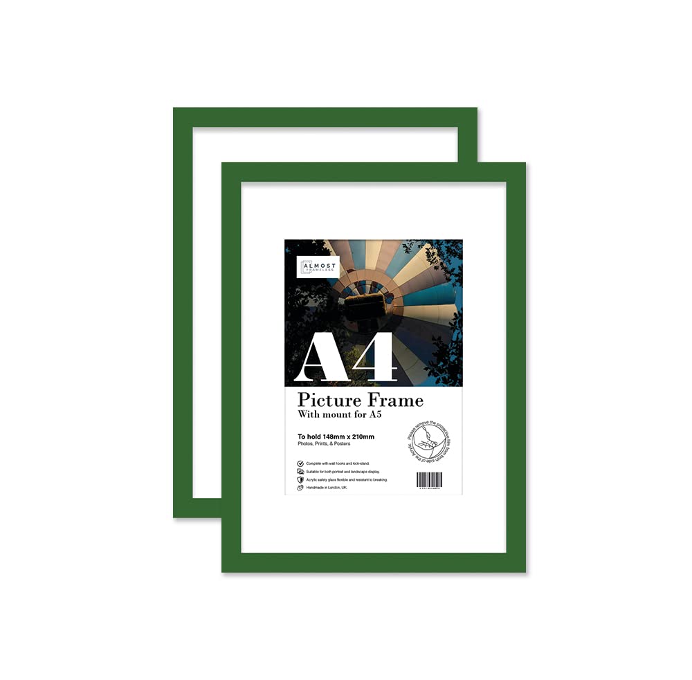 Almost Frameless A4 Green Picture Frame Set of 2, Display A5 Pictures with Mount or A5 Without Mount Gallery Wall, Poster, Photo, Artwork, or Print, Green
