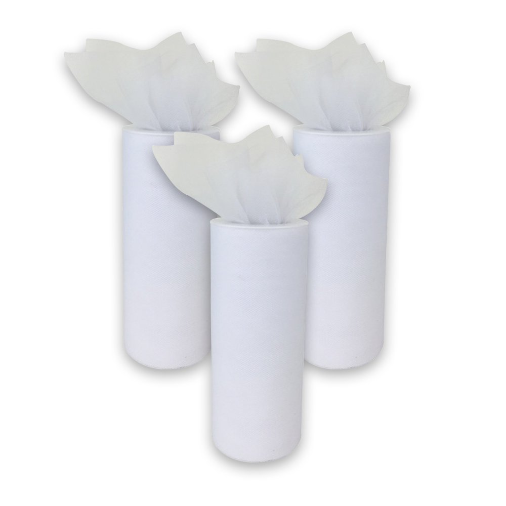 Just Artifacts Decorative Tulle Fabric Roll 6-Inch x 25-Yards (3pc, White)