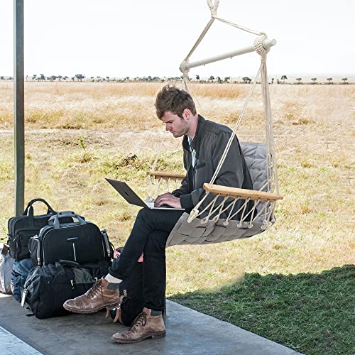 Image of [Upgraded] Hammock Chair Hanging Swing with Wooden Armrests;Steel Spreader Bar and Anti-Slip Rings;Cotton Woven Fabric;Up to 300 Lbs for Bedroom,Patio,Porch,Deck-Indoor Light Grey
