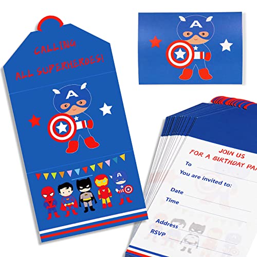 16 x Superhelden-Party-Einladungskarten im Umschlag-Stil - Superhelden-Einladungskarten für Mädchen, Jungen, Avengers, Geburtstagspartyzubehör, Babyparty-Einladungen, doppelseitig,bereit zum Schreiben Cover